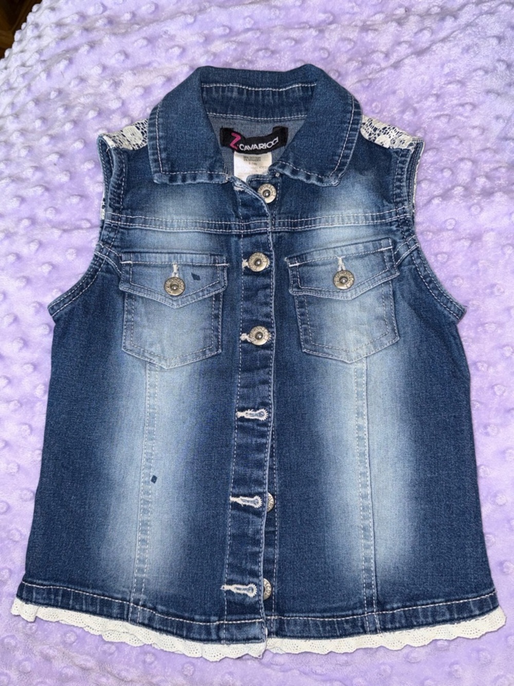 Z. Cavaricci Girls' Dark Blue Denim Sleeveless Vest Jacket with Lace Trim